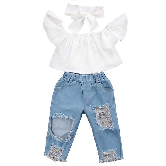 Toddler Girls Kids 2-6 Years Clothes Set Off Shoulder Tops Denim Pants Jeans