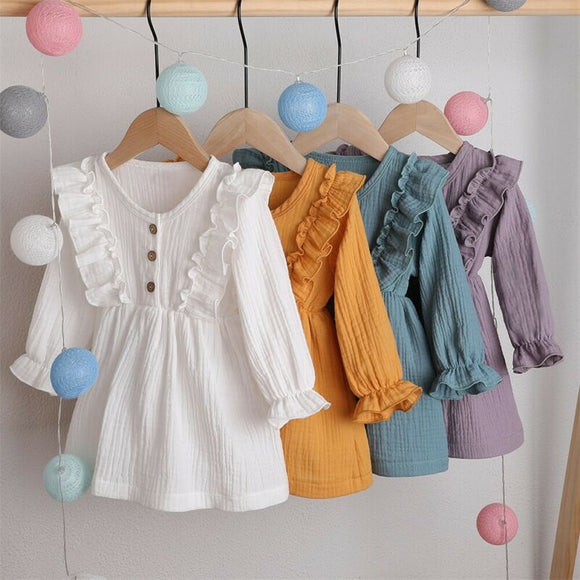 Toddler Baby Girl Dress Solid Clothes Long Sleeve Dress Cotton Linen Dresses