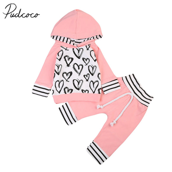 Spring Toddler Kids Baby Girls Clothes Pink Love Hooded T-shirt Tops +Long Pants Outfits Set Clothes 0-3Y