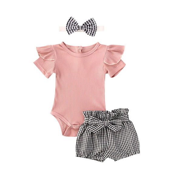 Summer 3Pcs Infant Girl Outfits Set Short Sleeve Ruffle Romper + Plaid Shorts + Bow Headband Clothes