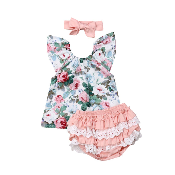 Summer 3PCS Infant Baby Girl Clothes Flower Tops Shorts Ruffle Headband Outfit Summer Casual Set