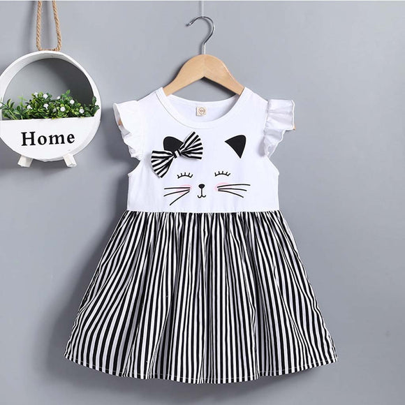 Toddler Baby Girl Sleeveless Cat Printed Striped Dress White Black Clothes Summer Newborn