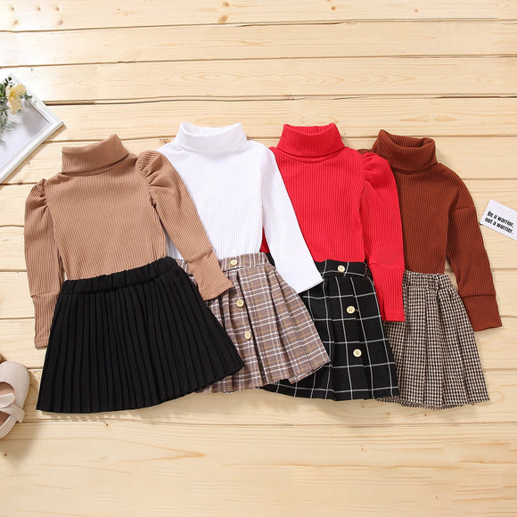 0-6Years Toddler Baby Girls Casual 2Pcs Clothes Set Solid Turtleneck Knitwear Pleated Skirt Khaki/ White/ Red/ Brown