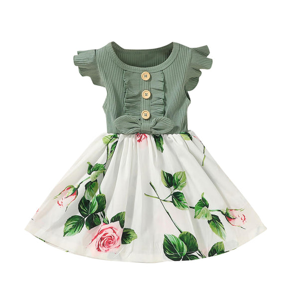 Toddler Baby Girls Ribbed Floral Dress Kids Summer Dress Fly Sleeve Bow Party Princess Dress Children Clothes 1 2 3 4 5 Years