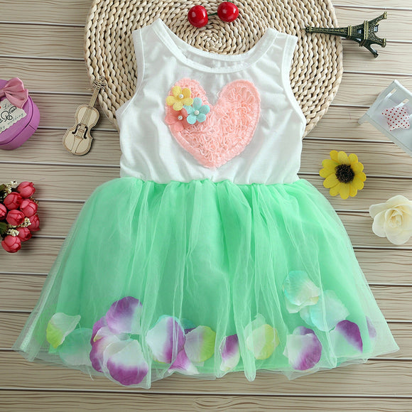 Summer Floral Applique Toddler Kids Dresses Baby Girls Flower Lace Heart Splice Tulle Tutu Dress Party Princess Dress Vestidos